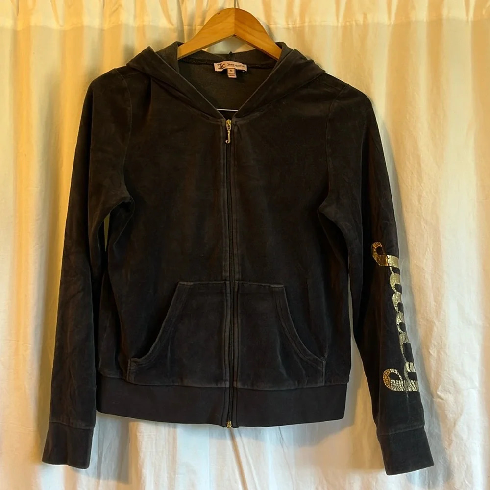 Juicy Couture Y2K Logo Velour Long Sleeve Zip Up Hooded Track Jacket